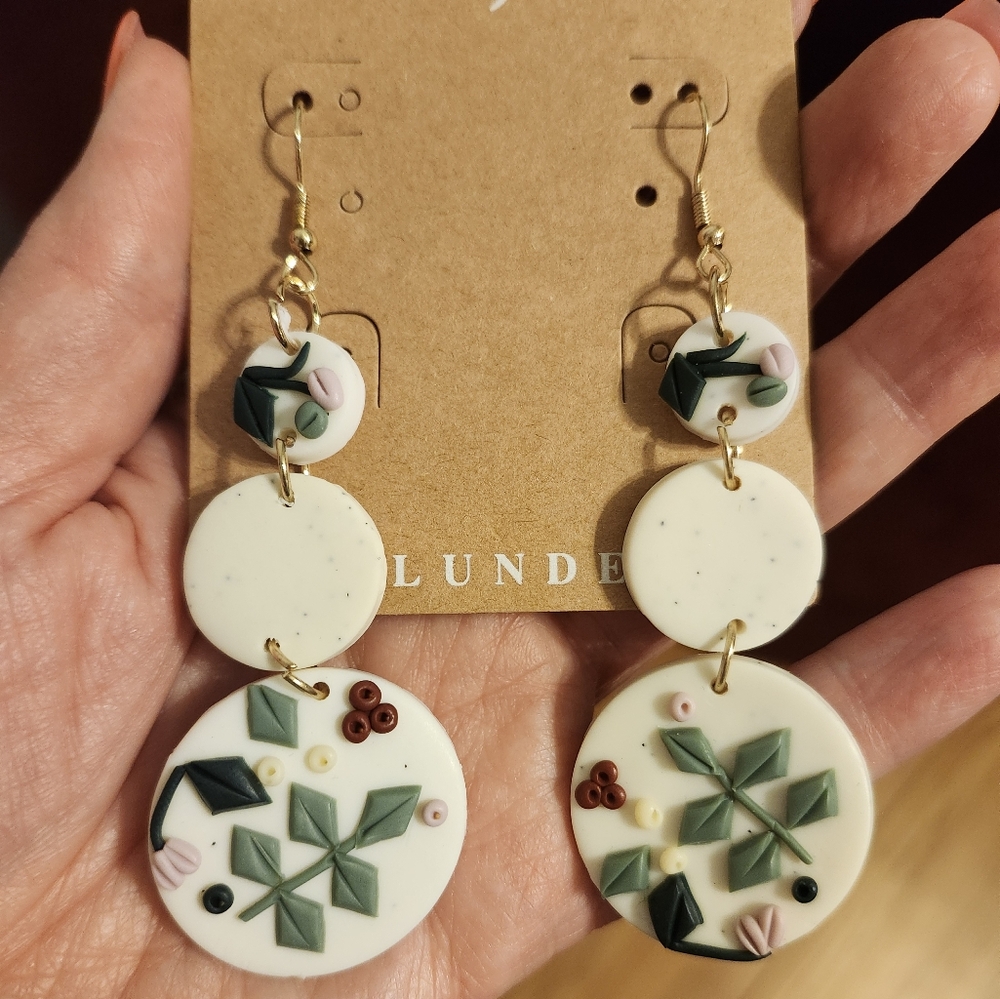 Plunder Cream and Green Botanical Earrings